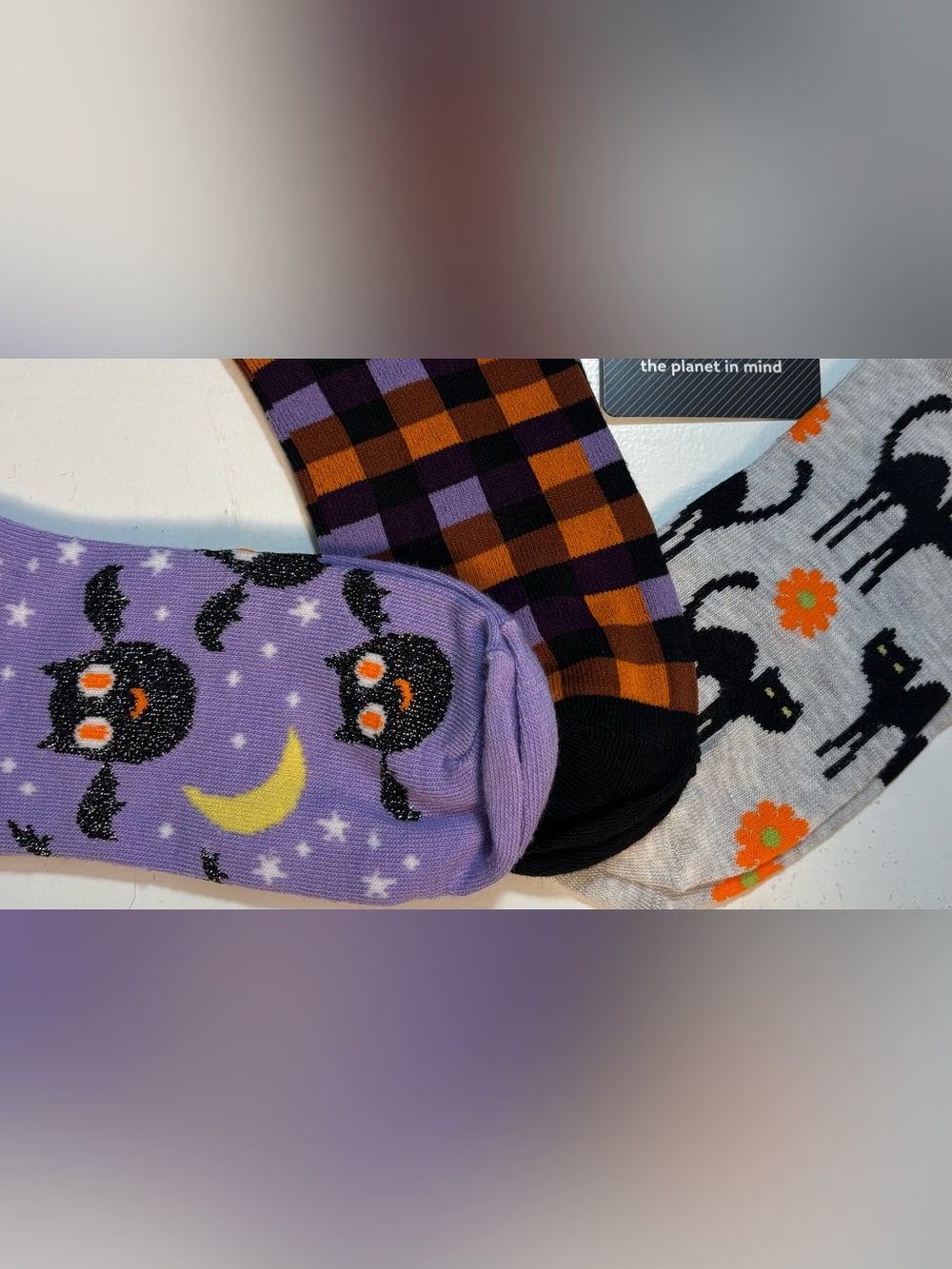 NWT 3 Pairs Halloween No-Show Socks Black Orange Purple Bats Cats Womens